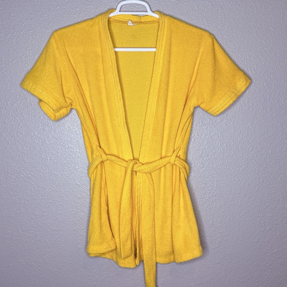 VTG 70s Yellow Short Terry Cloth Wrap Robe Belted Spa Lounge Coverup Bright S/M